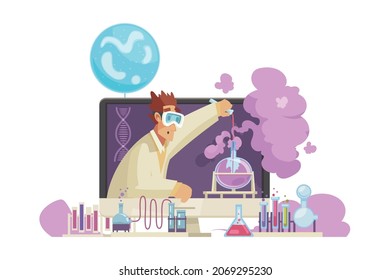 Video blogger composition with desktop computer and human character surrounded by scientific icons and signs vector illustration