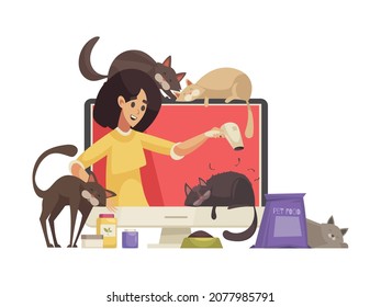 Video blogger composition with desktop computer and character of cat grooming female blogger with cats vector illustration
