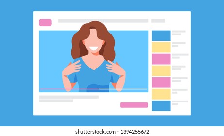 Video blogger concept. Computer screen with female blogger. Vector illustration.