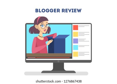 Video blogger concept. Internet celebrity in social network. Popular hipster girl streaming unboxing. Isolated vector illustration in cartoon style