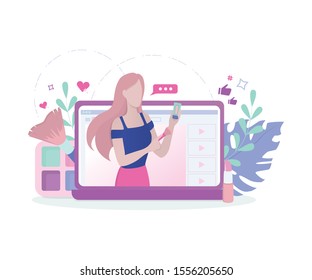 Video blogger concept. Internet celebrity in social network. Popular female blogger doing makeup. Isolated illustration in cartoon style