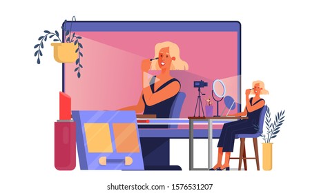 Video blogger concept. Internet celebrity in social network. Popular female blogger doing makeup. Isolated illustration in cartoon style