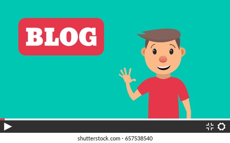 Video blogger concept. Male blogger channel. Computer screen with video player. Vector illustration in flat style