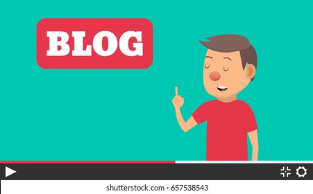 Video blogger concept. Male blogger channel. Computer screen with video player. Vector illustration in flat style