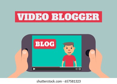 Video blogger concept. Male blogger channel. Hands holding smartphone with video player. Vector illustration in flat style