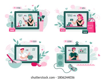 Video Blogger Concept Set - Makeup Guru On Beauty Blog, Product Review, Gaming Channel And Cooking Show On Screen With Their Equipment. Vector Illustration.