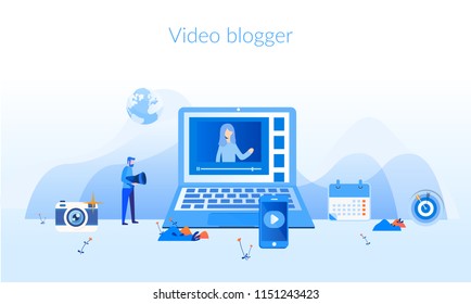 Video blogger Concept for web page, banner, presentation, social media, documents, cards, posters. Vector illustration computer screen with video player, E Learning by the webinar training, vlogger. 