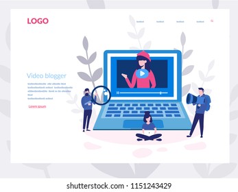 Video blogger Concept for web page, banner, presentation, social media, documents, cards, posters. Vector illustration computer screen with video player, E Learning by the webinar training, vlogger. 