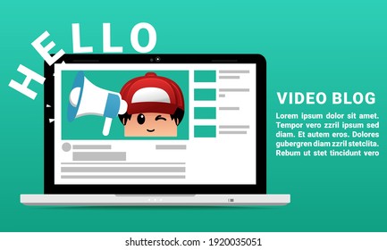 Video blogger. Video conferencing and online communication. Media content. Influencer filming video blog. Broadcast video blog landing page. Illustration vector