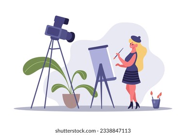 Video blogger and content creators, vlogger painting. Vector of video online and vlog blogger, blog illustration live illustration