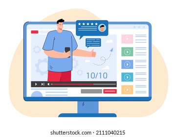 Video with blogger doing review of smartphone. Man recommending phone in vlog on his channel flat vector illustration. Advertising, technology concept for banner, website design or landing web page
