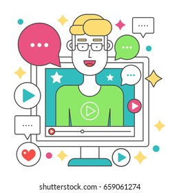 Video blogger flat line concept. Computer screen with man blogger. Personal channel broadcasting stroke vector illustration.