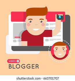 Video blogger flat style concept for website with Smiling vlogger face.
