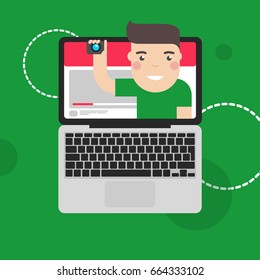 Video blogger flat style concept for web. Smiling vlogger.
