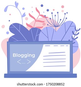 Video blogger, freelancer miniature people blogging a new content on website. Make review digital technology flat cartoon miniature illustration vector graphic on white background.
