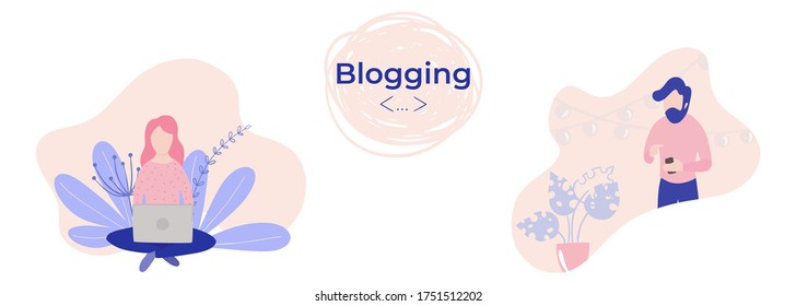 Video blogger, freelancer miniature people blogging a new content on website. Make review digital technology flat cartoon miniature illustration vector graphic on white background.