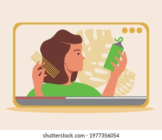 Video blogger, hair care. Flat vector stock illustration. Blogger profession. A woman's vlog or blog. Phone, tablet, computer for blogging. Isolated illustration