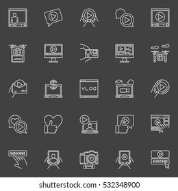 Video blogger icons set. Vector online video outline concept signs. Vlog thin line symbols on dakr background