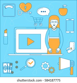 Video blogger illustration. Line design man in front of his laptop, promotion and advertisement