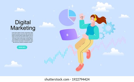 Video blogger. mercado de Internet en el lugar de trabajo. Concepto de marketing de video social. Iconos de color para la plantilla de página web. La gente trabaja e interactúa con los gráficos. ilustración vectorial