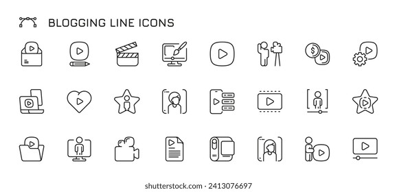 Video blogger line icons. Ifluencer social media subscription, message and comment in linear style, people acting and telling stories. Vector flat set. Editing video content, blogging concept