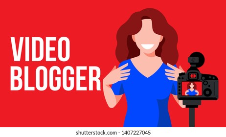 Video blogger making video for blog or vlog review. Cute girl video blogger and camera. Vector flat illustration.
