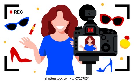 Video blogger making video for blog or vlog review. Cute girl video blogger and camera. Vector flat illustration.