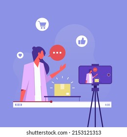 Video blogger making video for blog or vlog review, woman video blogger and camera. Vector flat illustration