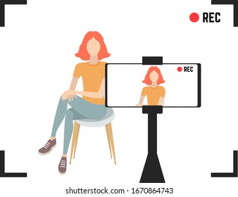 Video blogger making video. Video blogger and camera. Vector flat illustration.