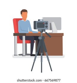 Video blogger making stream. Vlogger with camera at their workplace. Vlog vector illustration