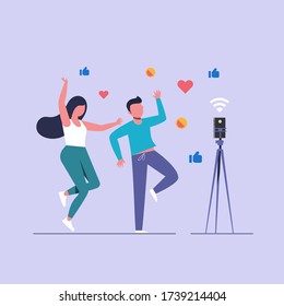Video Blogger, Male And Female Dancing Live Streaming With Smart Phone, Flat Character Vector Illustration.