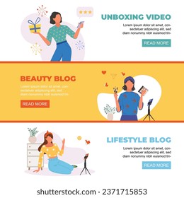 video blogger. media women person filming mobile content online, digital web blogging. vector horizontal banners collection.