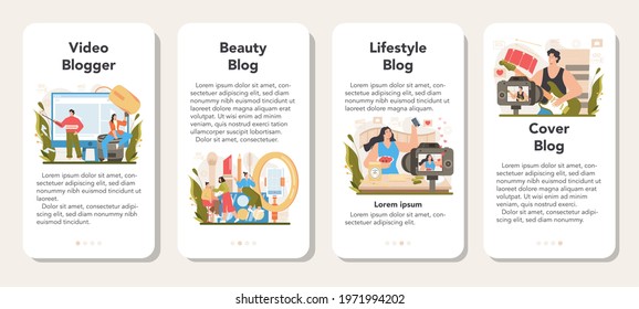 Video blogger mobile application banner set. Sharing video content in the internet. Idea of social media and network. Online communication. Flat vector illustration