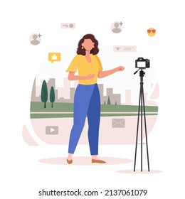 Video blogger or news presenter recording video with camera. Live broadcast vector illustration. Different social media icons. Female bloggers characters in social networks. Podcast, video recording.