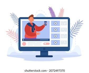 Video blogger on computer screen advertising new phone. Man posting vlog or smartphone review on channel flat vector illustration. Technology, marketing concept for banner or landing web page