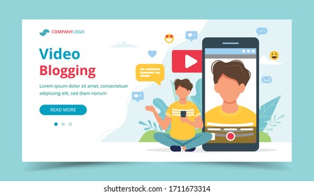 Video blogger on smartphone screen. Different social media icons. Landing page template, vector illustration in flat style