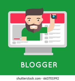 Video blogger on streaming website. Vlogger with beard broadcasting on personal channel in web. Computer with celebrity face on green background