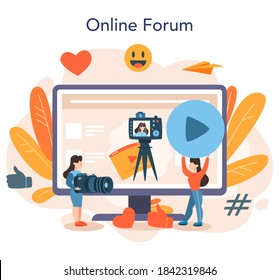 Video blogger online service or platform. Share video content in the internet. Idea of social media and network. Online forum. Isolated flat vector illustration