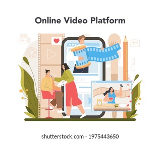 Video blogger online service or platform. Sharing video content in the internet. Online video platform. Flat vector illustration