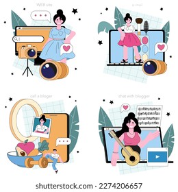 Video blogger online service or platform set. Viral content in the internet. Social media famous multimedia creator or influencer. Online call, chat, e-mail, website. Flat vector illustration