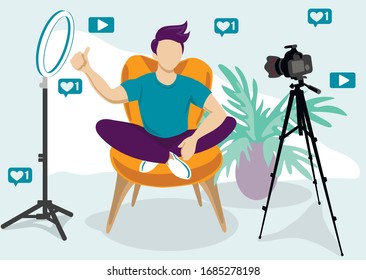 Video blogger recording video with camera. Different social media icons. Cute vector illustration in flat style. Quarantine, stay at home, shelter in please, web banner, poster.  covid-19 corona virus