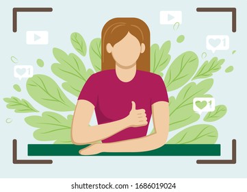 Video blogger recording video with camera. Different social media icons. Cute vector illustration in flat style. Quarantine, stay at home, shelter in please, web banner, poster.  covid-19 corona virus