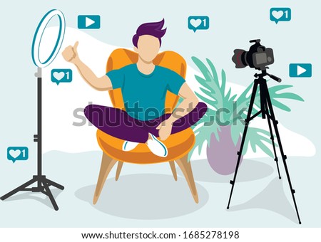 Video blogger recording video with camera. Different social media icons. Cute vector illustration in flat style. Quarantine, stay at home, shelter in please, web banner, poster.  covid-19 corona virus