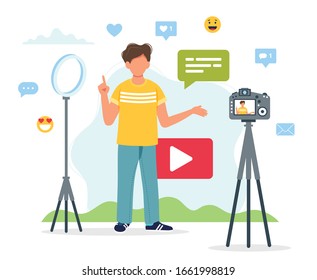 Video blogger recording video with camera and light. Different social media icons. Cute vector illustration in flat style