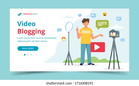 Video blogger recording video with camera and light. Different social media icons. Landing page template, vector illustration in flat style