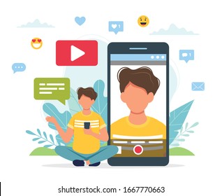 Video Blogger Recording Video With Smartphone. Cute Vector Illustration In Flat Style