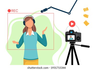 The video blogger records video from the camera. Microphone, camera, background, recording. Vector flat illustration.