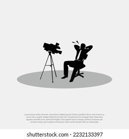 The video blogger records video from the camera. Microphone, camera, background, recording. Vector flat illustration. man chilling in the chair and self broadcasting as vlogger