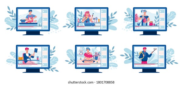 Video blogger set - cartoon vlogger people on computer screen with different content types. Beauty blog, culinary and lifestyle online vlog channels, vector illustration.