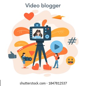 Video blogger. Share video content in the internet. Idea of social media and network. Online communication. Set of isolated flat vector illustration